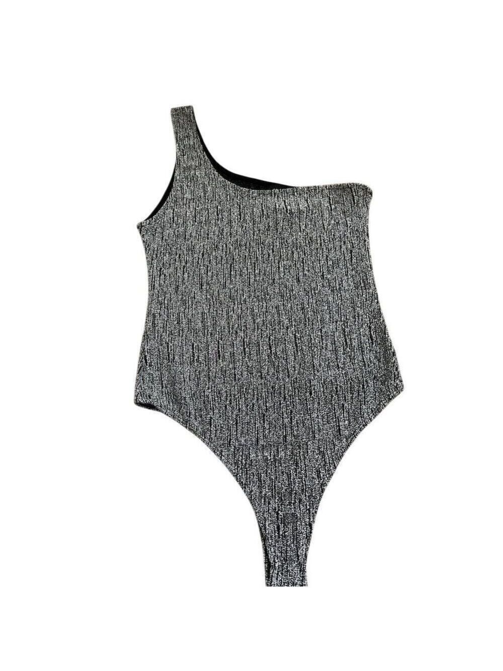 Seduction Gray Rib-Knit One-Shoulder Bodysuit Swimsuit Large